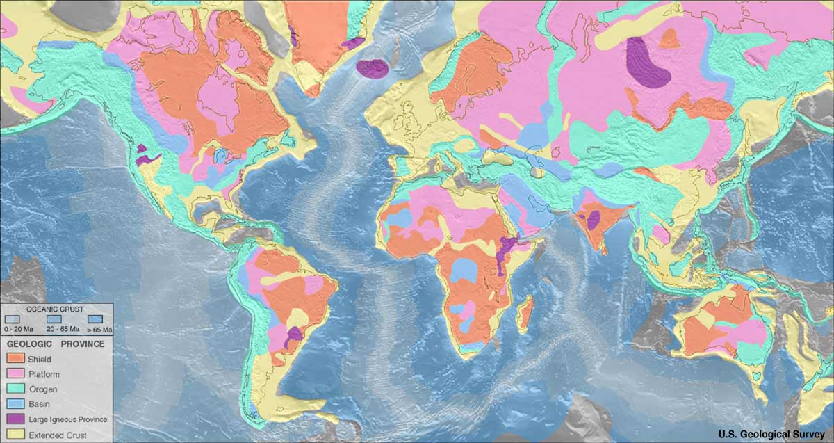 Mapa geologických provincií (USGS, volné dílo, via Wikimedia Commons)