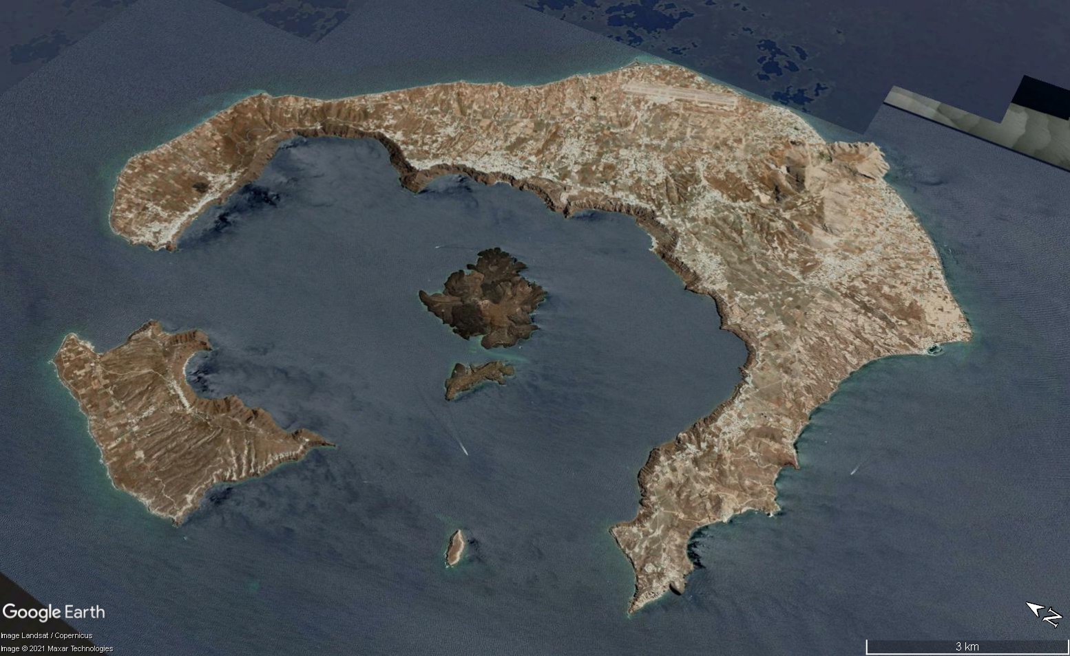 Sopečná kaldera, ostrov Santorini, Řecko (Google Earth)